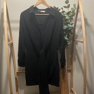 Zara Black Long Sleeve Dress with Tie Front a188